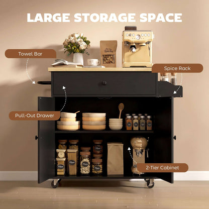 HOMCOM Kitchen Island with Drop Leaf, Rolling Kitchen Storage Trolley on Wheels with Drawer, Spice Rack and Towel Rack, Black