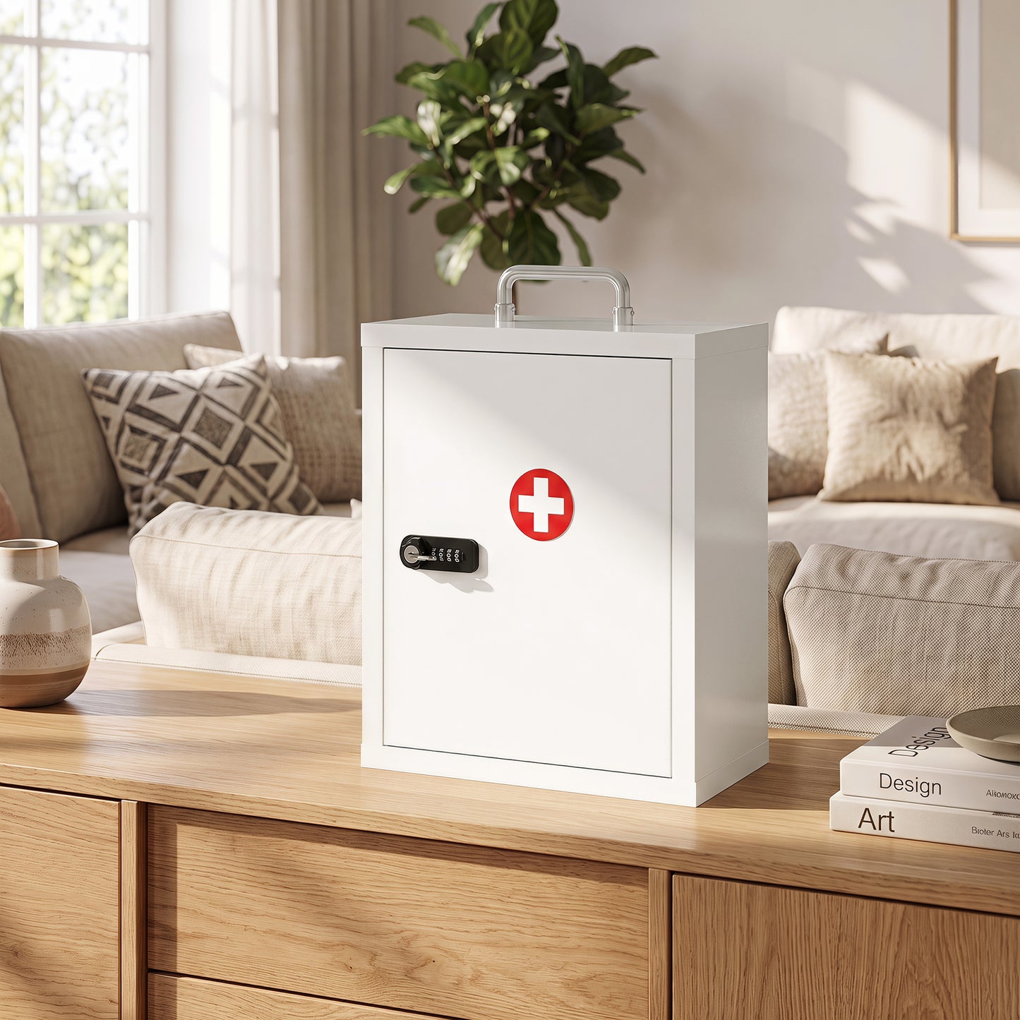 HOMCOM Wall Mount Medicine Cabinet with Combination and Key Lock, 3 Tier Steel First Aid Cabinet, White