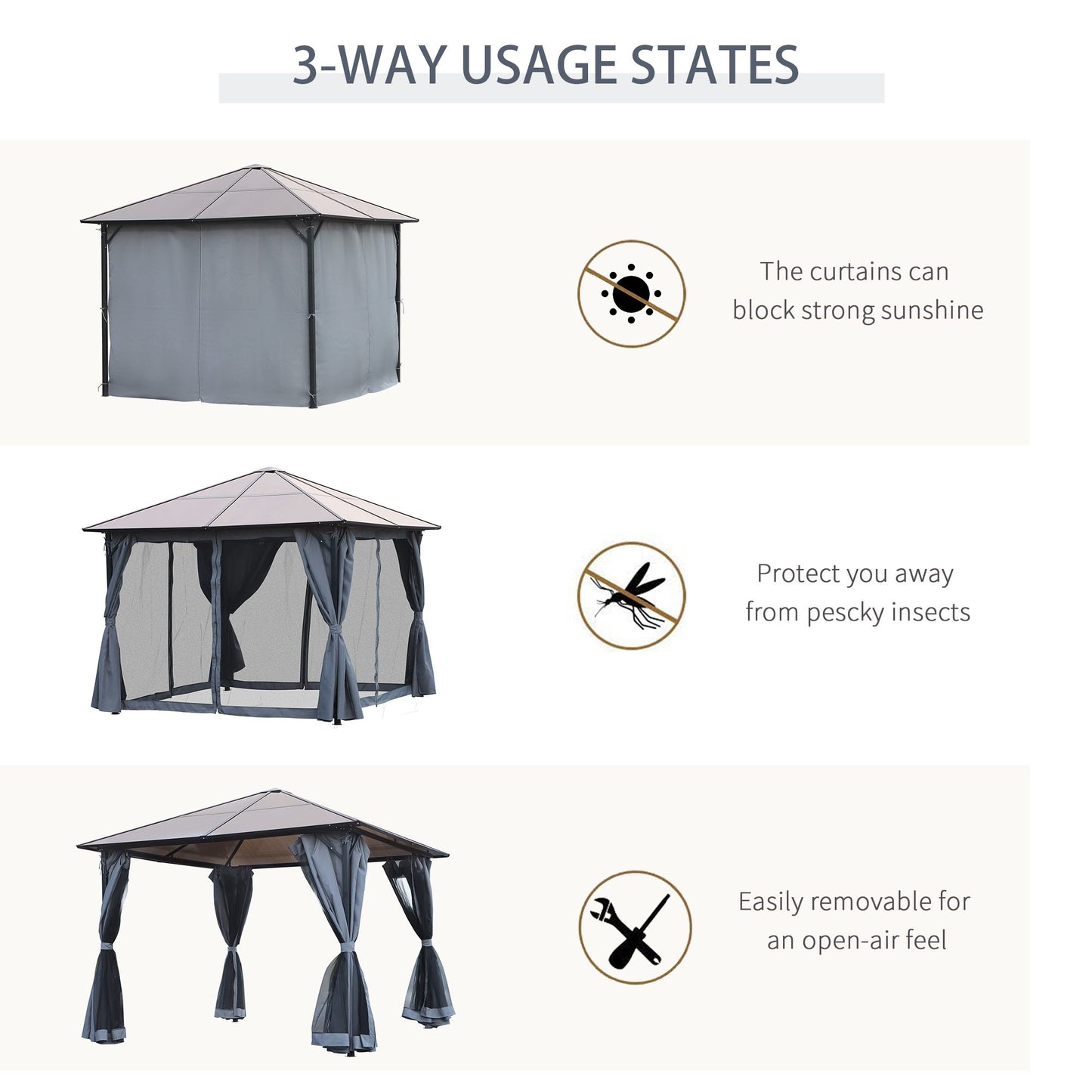 Outsunny 3m x 3m Hardtop Metal Frame Gazebo with 4 curtains, 100 kg Snow Load Capacity, Black
