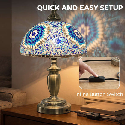 HOMCOM Tiffany Lamp, Stained Glass Bedside Table Lamp with Button Switch and Metal Base, 12 x 12 x 20 Inches, Blue