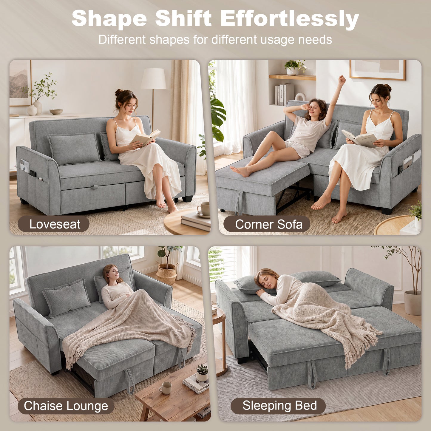 HOMCOM 2 Seater Sofa Bed, 4-in-1 L-Shaped Convertible Pull-Out Sleeper Sofa with Adjustable Backrest and Side Pockets, Grey