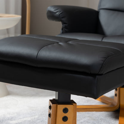 HOMCOM PU Leather Swivel Recliner Chair with Footstool, Wooden Base and Storage for Living Room, Black