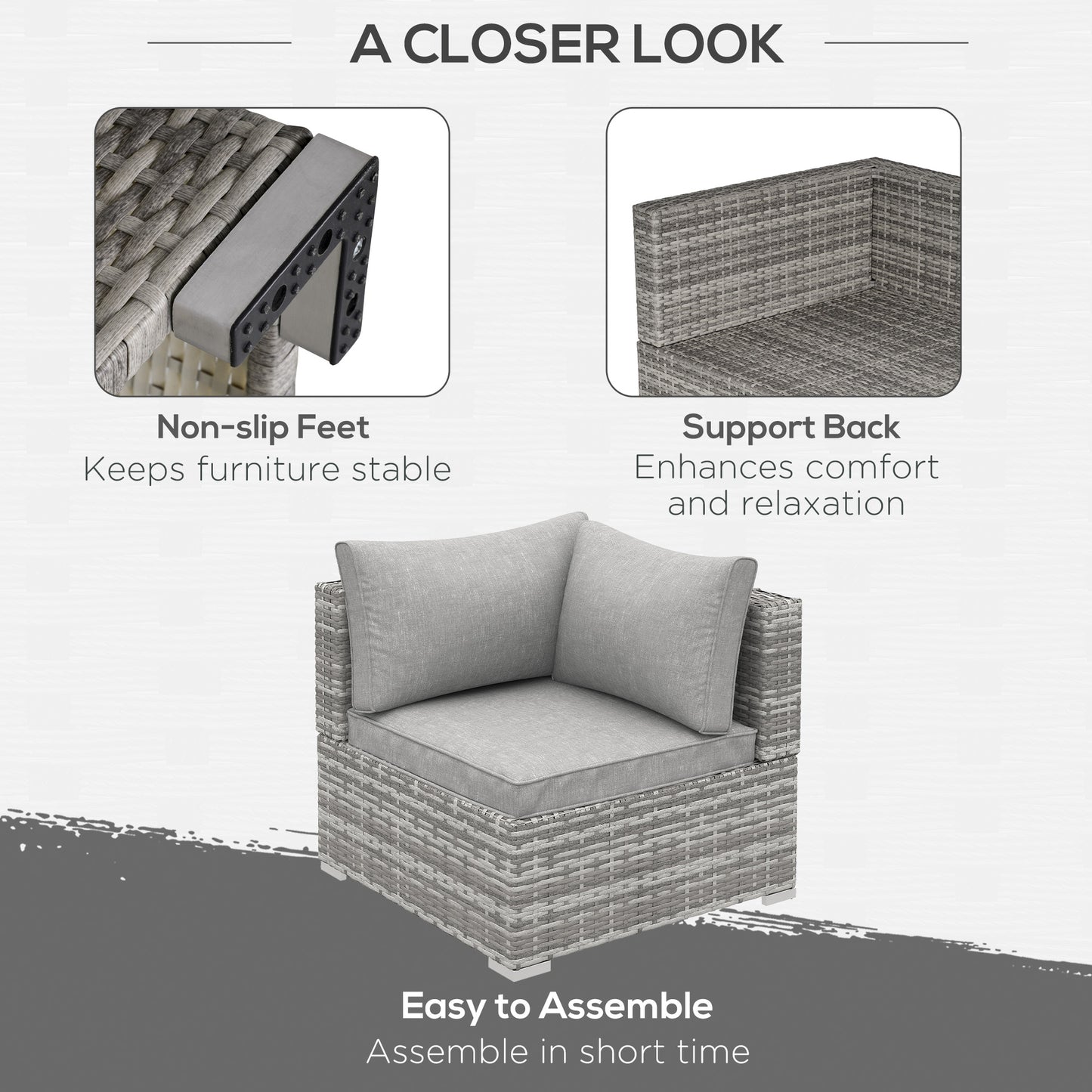 Outsunny Outdoor PE Rattan Corner Sofa, Garden Wicker Furniture Single Sofa Chair w/ Cushions, Light Grey--ChewyGames-ChewyGames