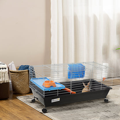 PawHut Small Animal Cage Rabbit Guinea Pigs Chinchillas Cage w/ Wheels Water Bottle Food Dish Platform Ramp 89 x 44 x 43 cm Black--ChewyGames-ChewyGames