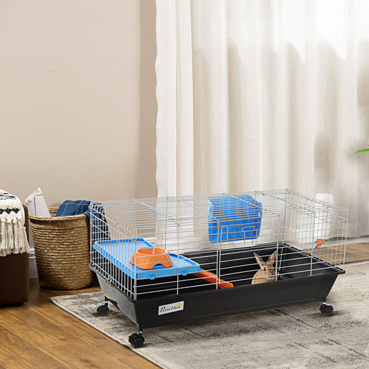 PawHut Small Animal Cage Rabbit Guinea Pigs Chinchillas Cage w/ Wheels Water Bottle Food Dish Platform Ramp 89 x 44 x 43 cm Black--ChewyGames-ChewyGames
