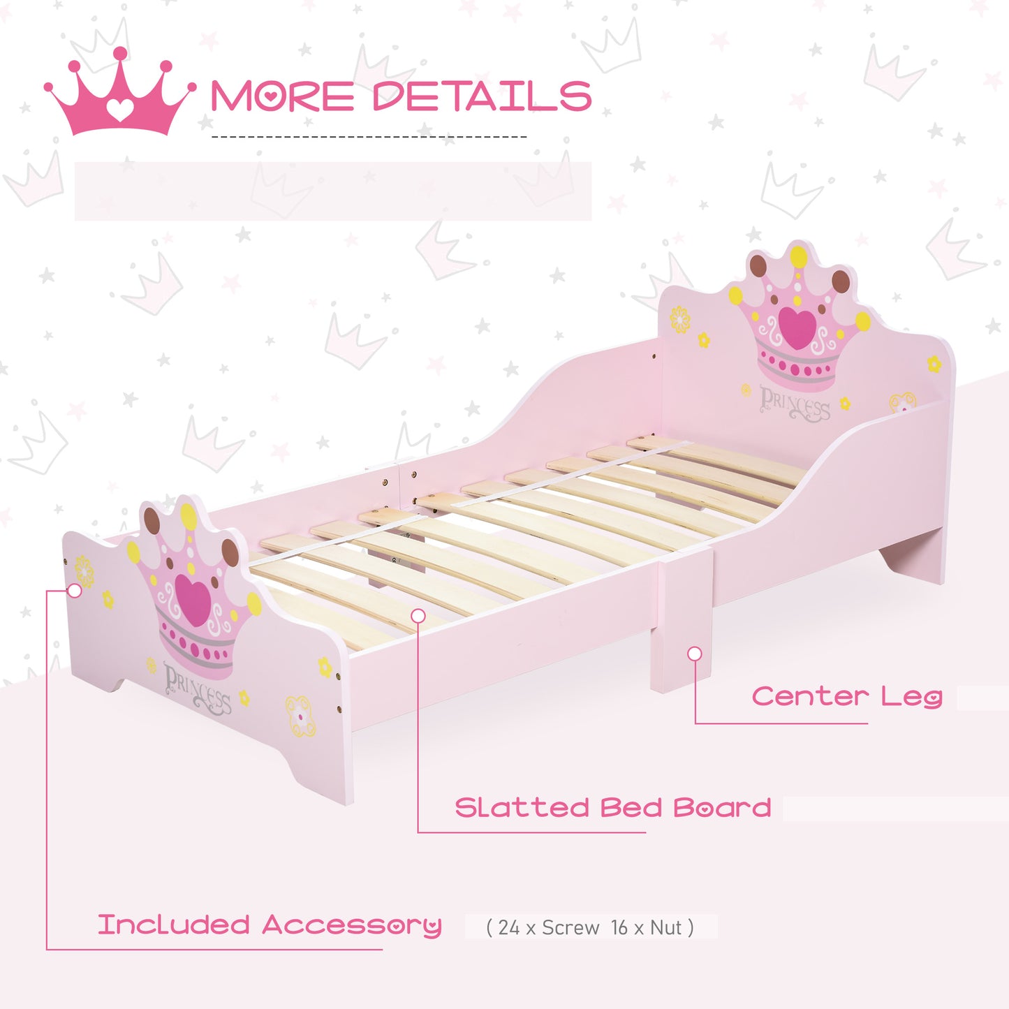HOMCOM Kids Toddler Bed Princess Crown Theme Safety Side Rails Slats Home Bedroom Furniture Boys Girls 3-6 Years Pink 143 x 73 x 60 cm