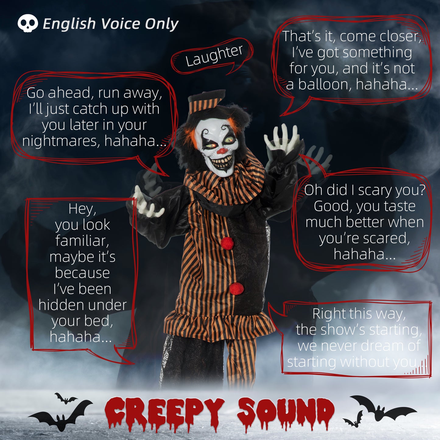 Outsunny 67 Inch Life Size Outdoor Halloween Decorations Talking Circus Clown, Animated Prop Animatronic Decor with Light Up Eyes, Laughter