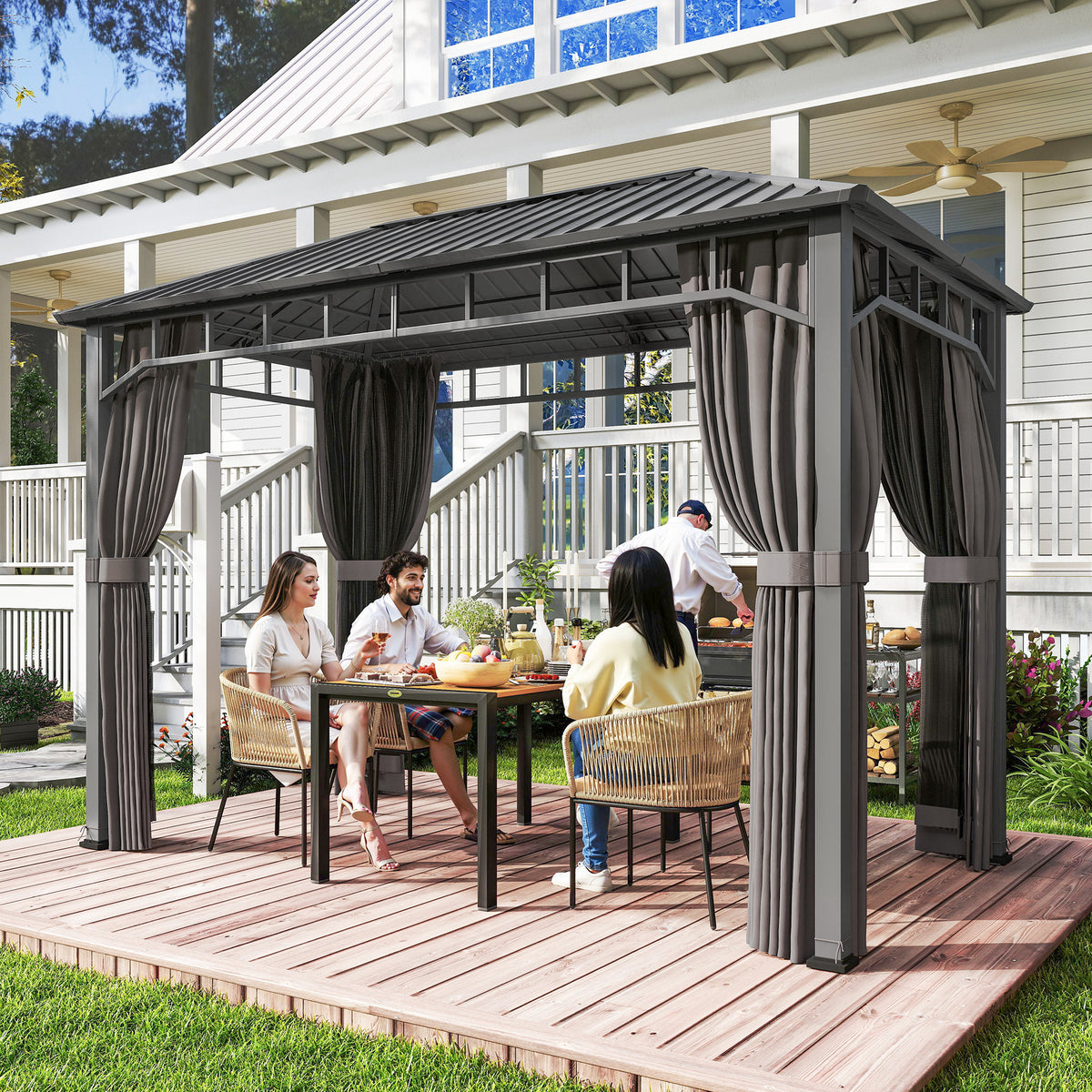 Outsunny 2 x 3.5 m Hardtop Gazebo with Galvanised Steel Roof, Waterproof Permanent Pavilion Garden Gazebo with Netting and Curtains for Patio, Deck, Dark Grey-Gazebos-ChewyGames-ChewyGames