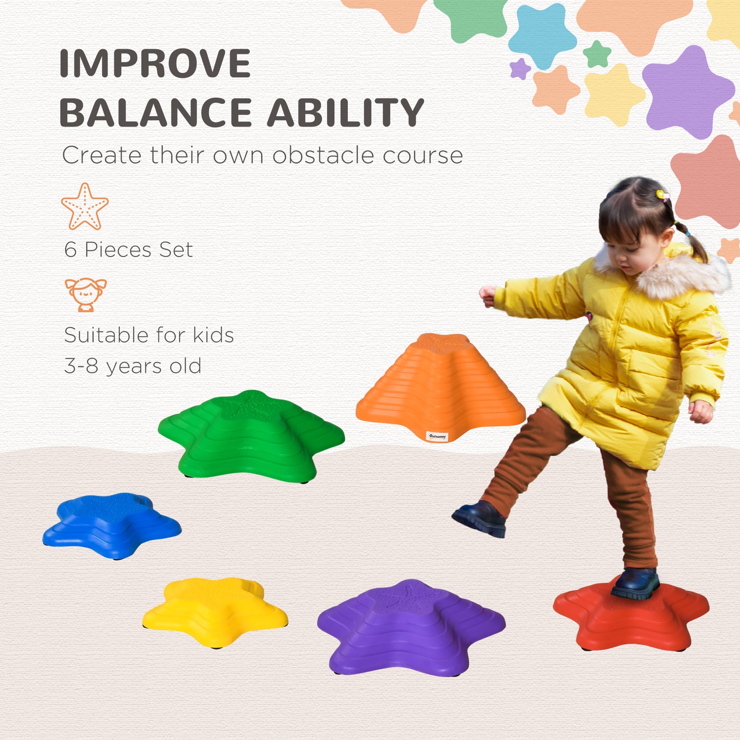Outsunny Balance Stepping Stones Kids, 6-Piece Starfish Style Non-slip Obstacle Course, Stackable Balance Blocks, Garden Sensory Toys for Toddler 3-8 Years, Indoor Outdoor, Multicoloured