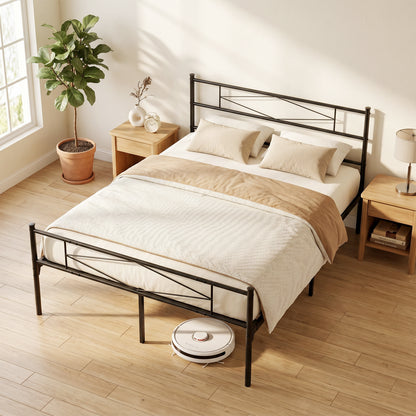 HOMCOM 4ft6 Double Bed Frame with Headboard and Footboard, Metal Platform Bed Frame with 32 cm Underbed Storage, Black