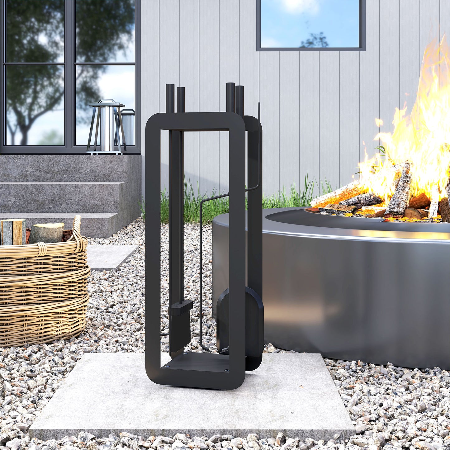 Outsunny 5 Pieces Fireplace Companion Set, Metal Fireplace Accessories Fireside Companion Set with Brush, Shovel, Poker, A Pair of Tongs, Stand, Black