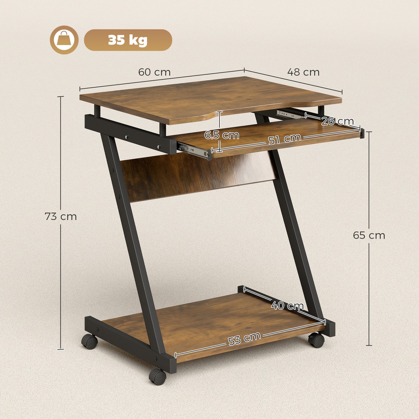 HOMCOM Movable Computer Desk with 4 Moving Wheels and Keyboard Tray
