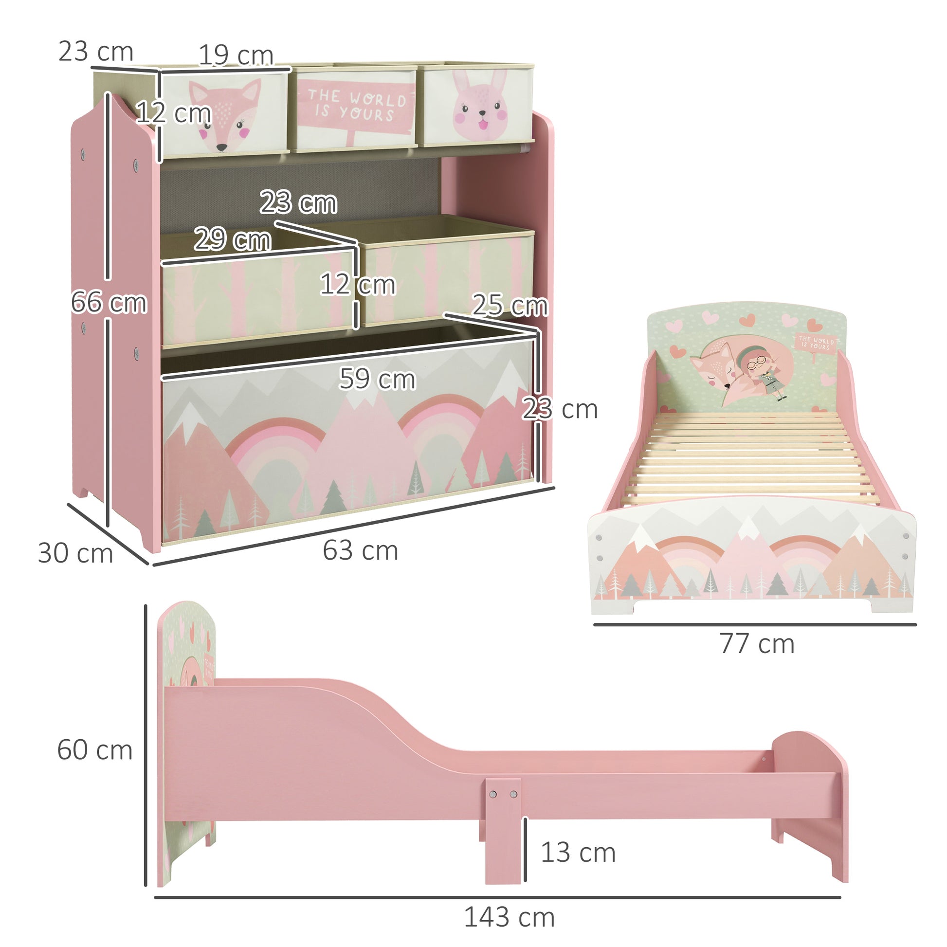 ZONEKIZ Toddler Bed Frame, Kids Storage Shelf Unit with 6 Fabric Bins for Ages 3-6 Years, Pink--ChewyGames-ChewyGames