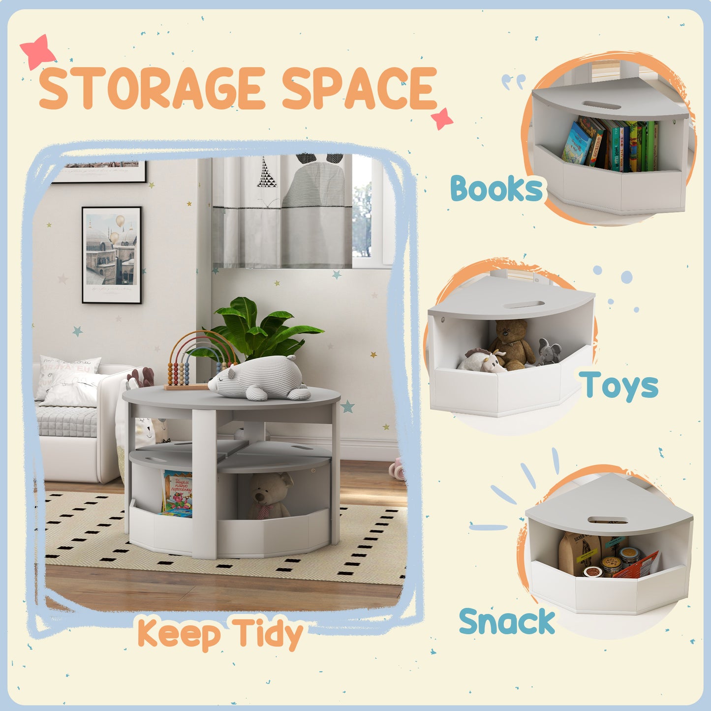 AIYAPLAY Five-Piece Kids Table and Chairs Set with Storage, for Ages 3-8 Years, Grey