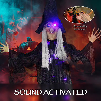 Outsunny 183 cm Life Size Halloween Animated Hanging Witch with Glowing LED Eyes & Body, Spooky Witch Scary Halloween Decorations, Battery Operated, Indoor Party Props