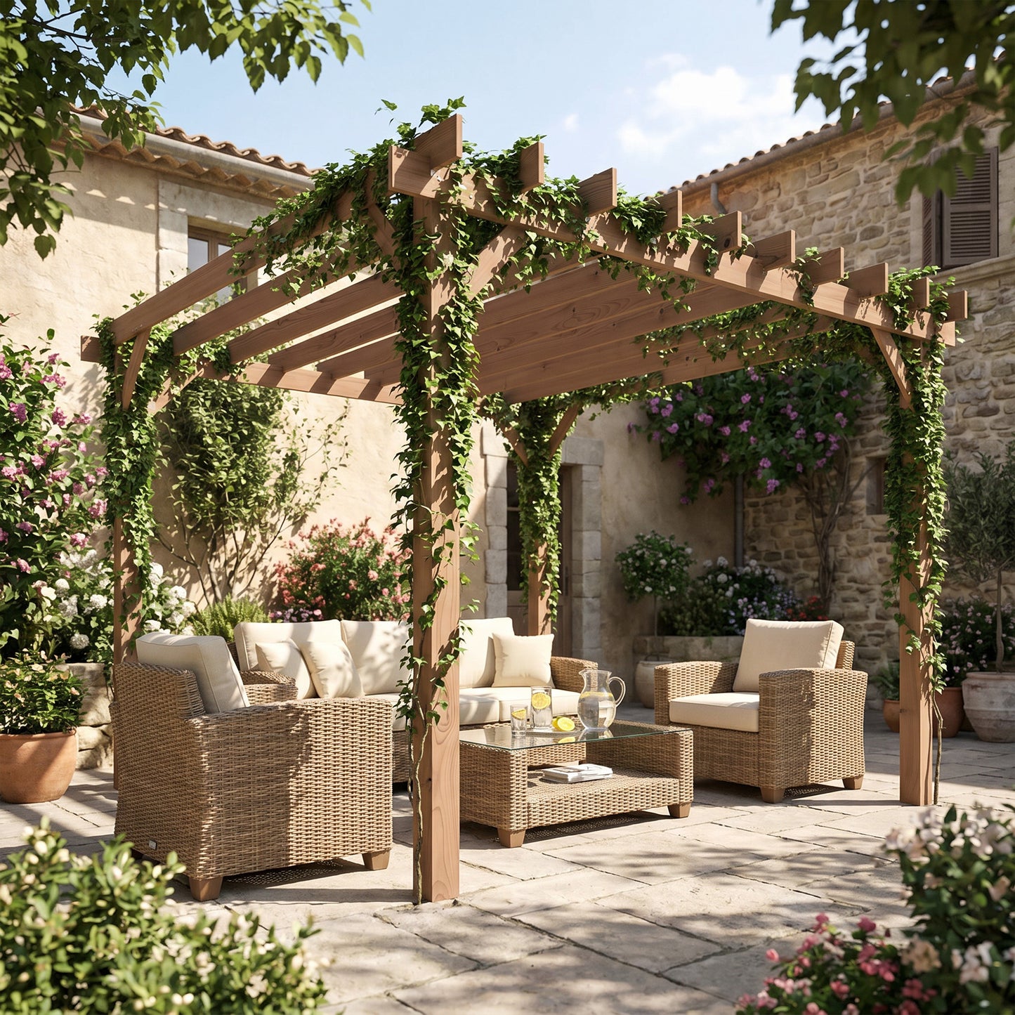 Outsunny 3 x 3 m Wooden Pergola Kit, Garden Pergola Gazebo Grape Trellis with Triangle Supports, Maple Wood-effect