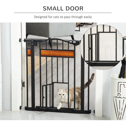 PawHut Pet Gate Safety Gate, with Cat Flap, Auto Close, for Staircases, Doorways, Hallways, 74-80cm Wide - Black--ChewyGames-ChewyGames