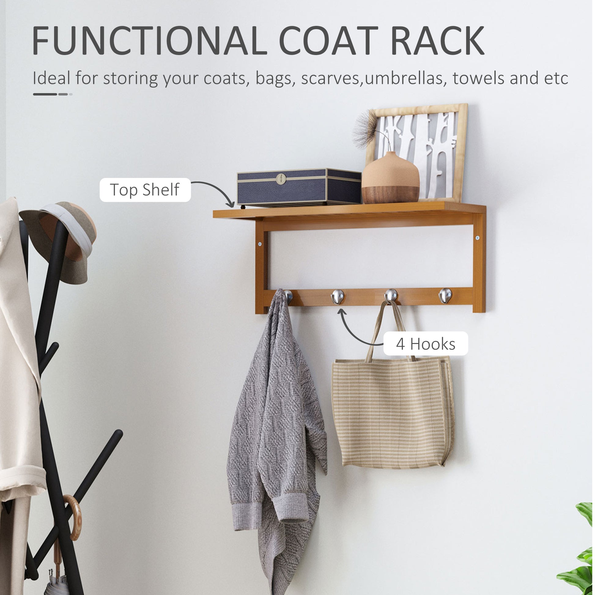 HOMCOM Wall Mounted Coat Clothes Hat Hanger 4 Hooks Rack Stand with Rail & Storage Shelf for Hallway Entryway Bedroom Bathroom--ChewyGames-ChewyGames