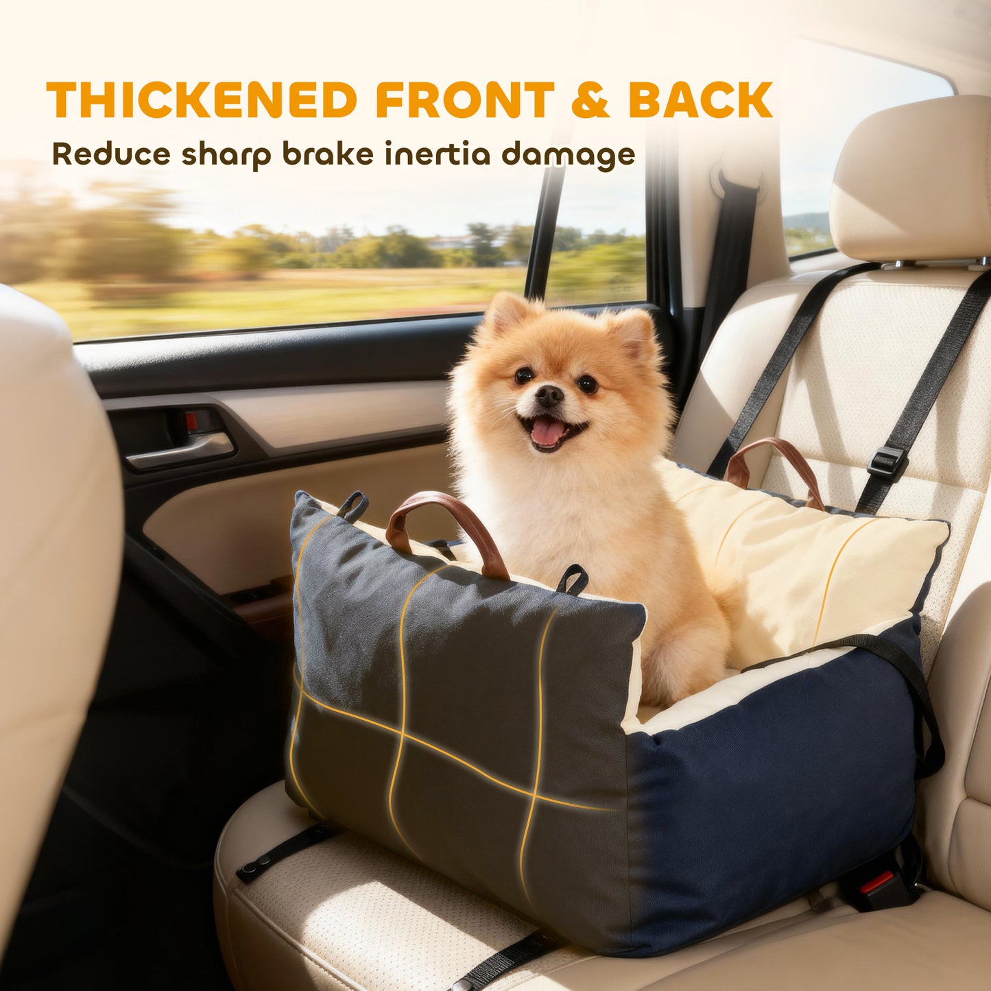 PawHut Dog Car Seat, Cosy Pet Car Booster Seat for Small Dog Under 5 KG, Portable Travel Bed with Safety Belts, Navy Blue