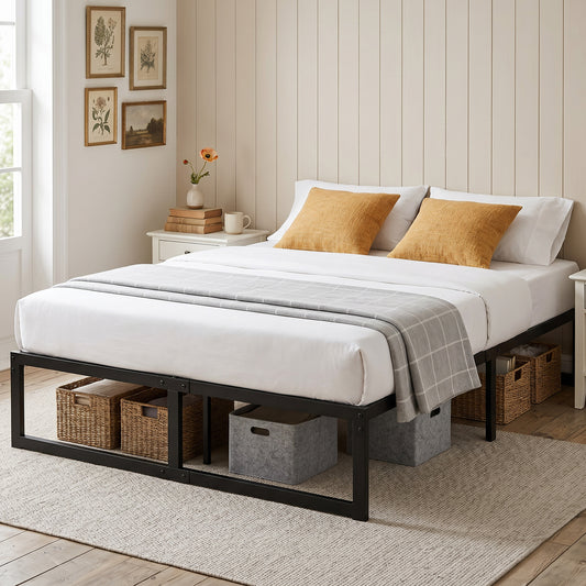 HOMCOM 4ft6 Double Bed Frame with Underbed Storage and Steel Slat Support, 32.5 cm Height, Noise-Free, Black