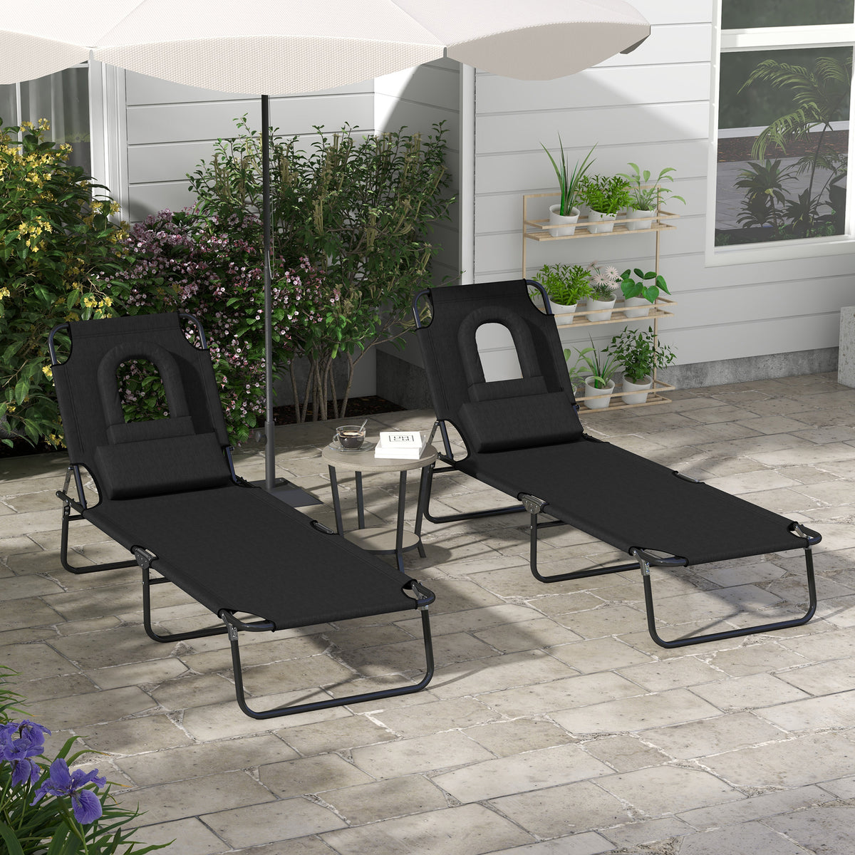 Outsunny Folding Sun Loungers Set of 2 with Face Hole, 4-Position Adjustable Backrest Garden Recliner Chairs Sunbeds, Outdoor Lounge Chairs with 600 D Oxford Cloth Seat, Pillow for Beach, Black