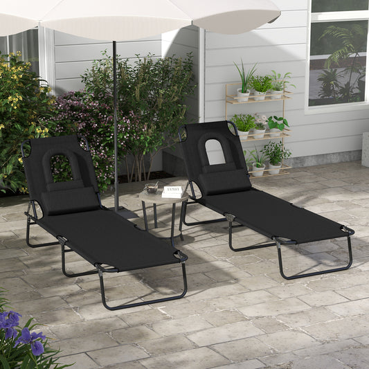 Outsunny Folding Sun Loungers Set of 2 with Face Hole, 4-Position Adjustable Backrest Garden Recliner Chairs Sunbeds, Outdoor Lounge Chairs with 600 D Oxford Cloth Seat, Pillow for Beach, Black