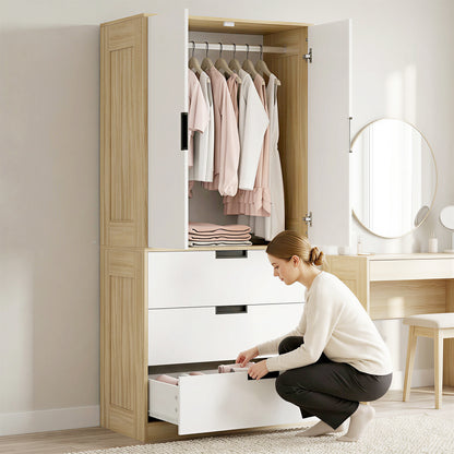 HOMCOM Modern Clothes Storage Cupboard Unit, 3 Drawer 2 Door Wardrobe with Hanging Rod, Oak