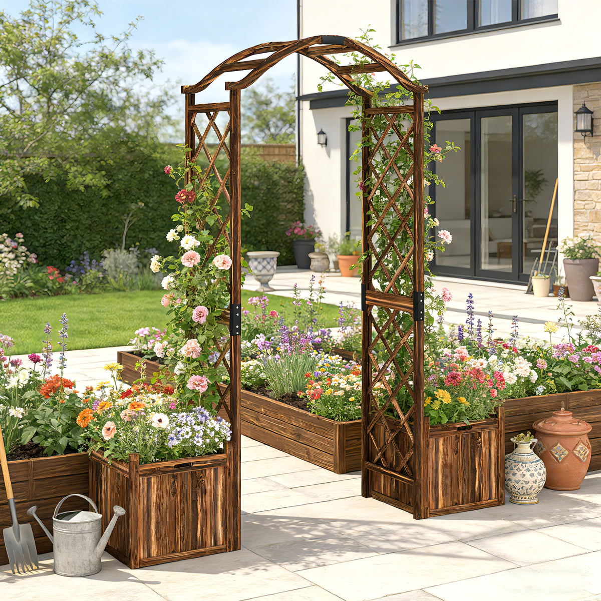 Outsunny Wooden Garden Arch with 2 Planter Boxes, Outdoor Rose Arch Trellis for Climbing Vines, Carbonised-Arches-ChewyGames-ChewyGames