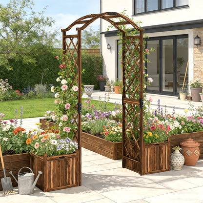 Outsunny Wooden Garden Arch with 2 Planter Boxes, Outdoor Rose Arch Trellis for Climbing Vines, Carbonised-Arches-ChewyGames-ChewyGames