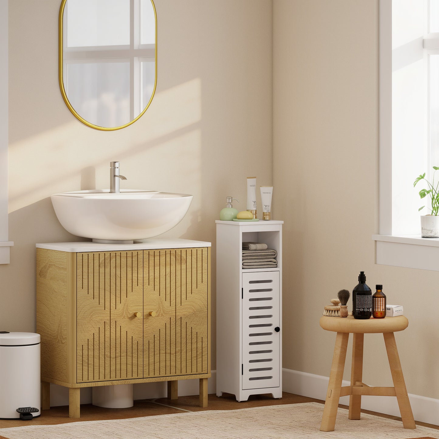 HOMCOM Bathroom Floor Cabinet, Bathroom Storage Unit with Louvered Door, Open Shelf, Adjustable Shelf, White, 22 x 20 x 75 cm