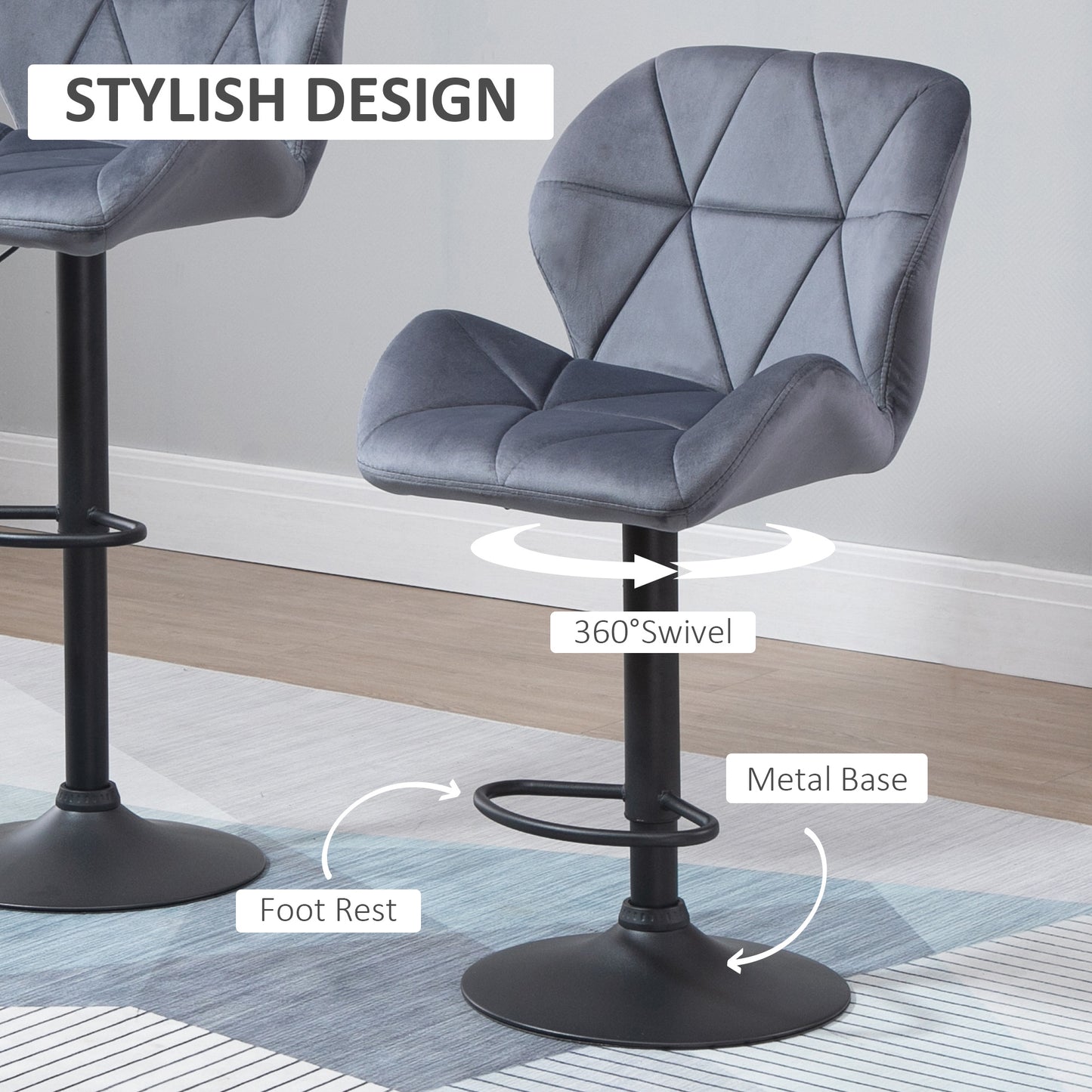 HOMCOM Bar Stools Set Of 2, Luxurious Velvet-Touch Barstools with Metal Frame Footrest Round Base Triangle Indenting Moulded Seat Adjustable Height Swivel Dark Grey