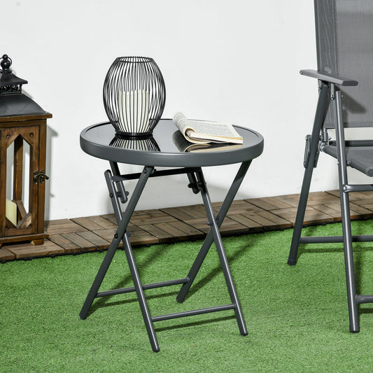 Outsunny Φ45cm Garden Side Table, Outdoor Round Folding Patio Table with Imitation Marble Glass Top, Small Coffee Table, Black