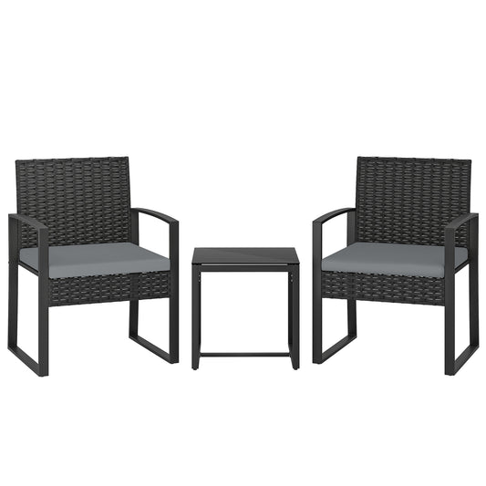 Outsunny Rattan Bistro Set, 3 Piece Garden Furniture Set with Glass Top Table and Cushions, Light Grey