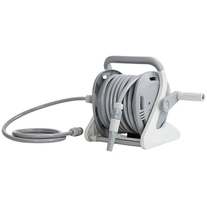 Outsunny Portable Garden Hose Reel, 20+2 m Wall Mounted Hose Reel with 2 Patterns Spray Nozzle and Crank Handle, Grey