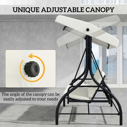 Outsunny 3 Seater Canopy Swing Chair, 2 in 1 Garden Swing Seat Bed, with Adjustable Canopy and Metal Frame, Cream White