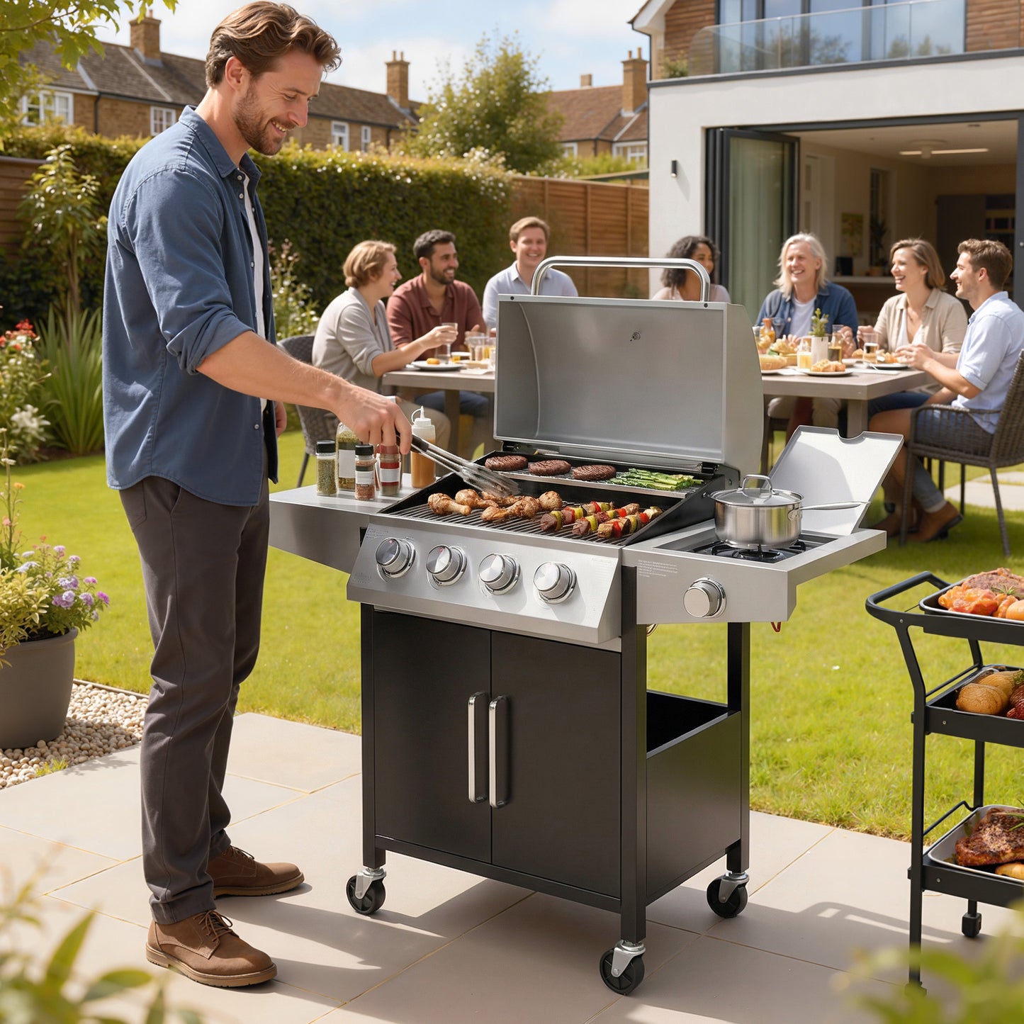 Outsunny 4+1 Burner Gas BBQ Grill with Side Burner, 14.5 kW Steel Portable Gas Barbecue Grill with Built-in Thermometer, Lid