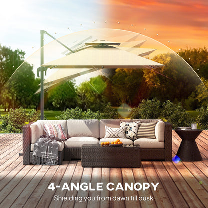 Outsunny 2.5m Cantilever Parasol with Solar Powered LED Lights, 360° Rotation, Tilt Adjustment, Crank Handle, Khaki
