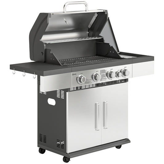Outsunny 4+1 Burner Gas BBQ Grill, Portable Gas Barbecue Grill with Side Burner, Warming Rack, Side Shelf, Storage Cabinet