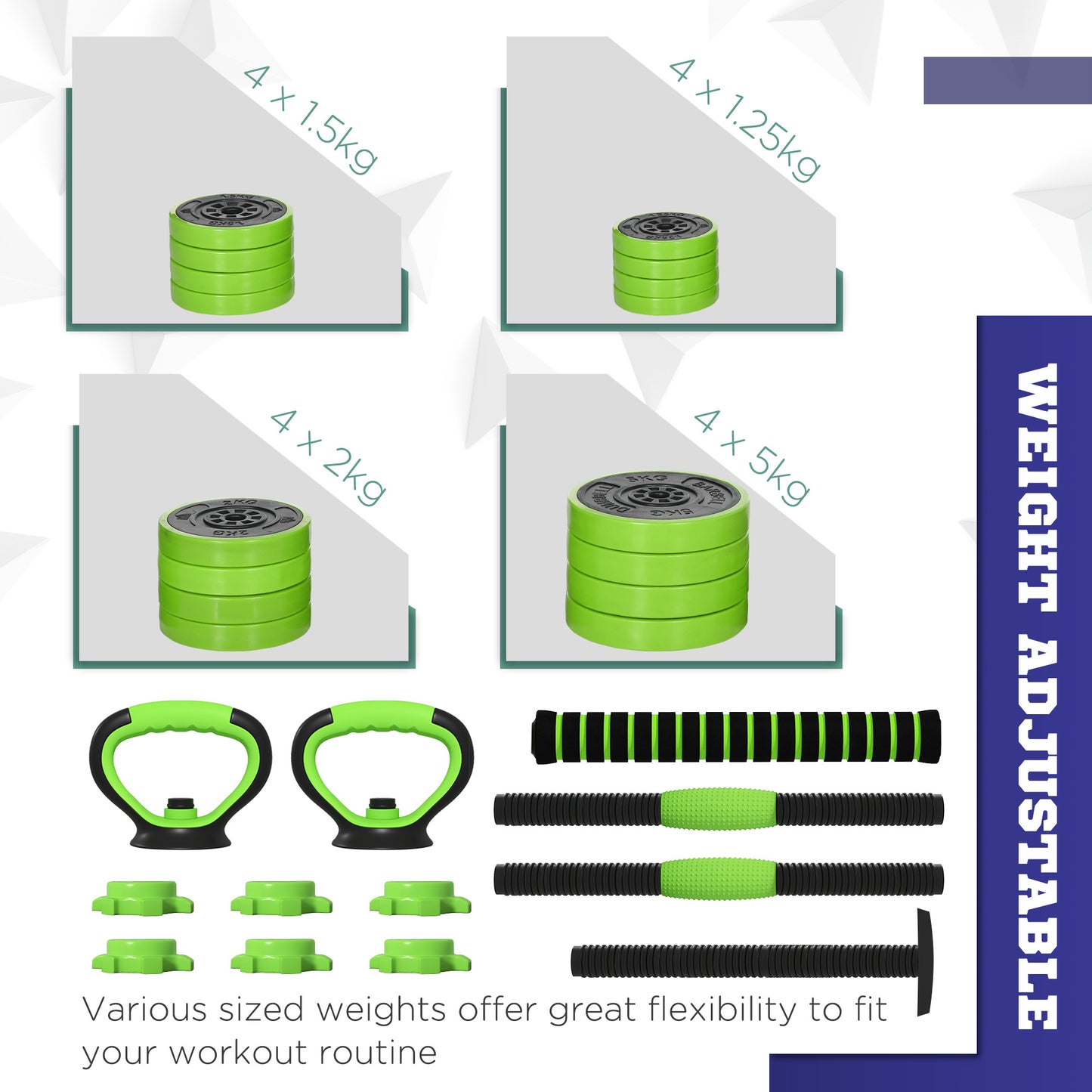 SPORTNOW 40kg 4-In-One Adjustable Weight Dumbbells Set, Barbell, Kettlebell, Push Up Stand - Green