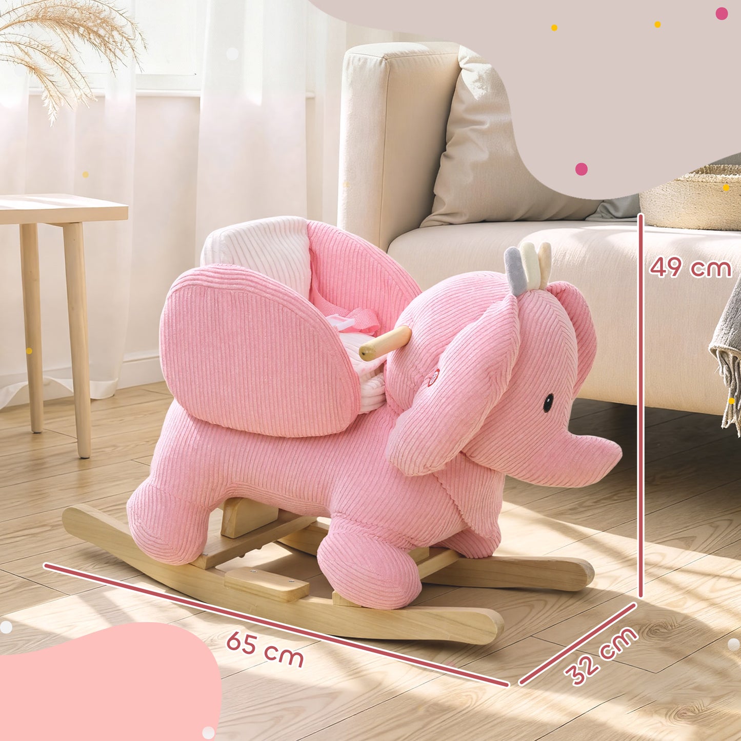 AIYAPLAY Kids Rocking Horse, Baby Ride on Elephant Rocker with Safety Belt and Sound for Toddlers 18 to 36 Months, Pink