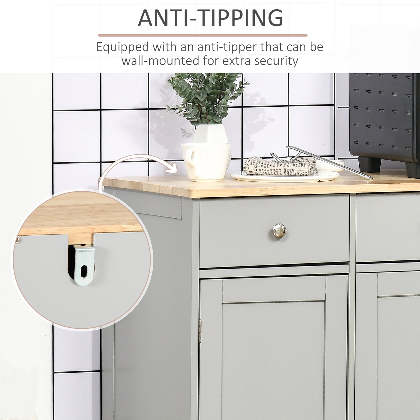 HOMCOM Sideboard with Rubberwood Top and Independent Storage Shelves for Dining Room, Kitchen - Grey