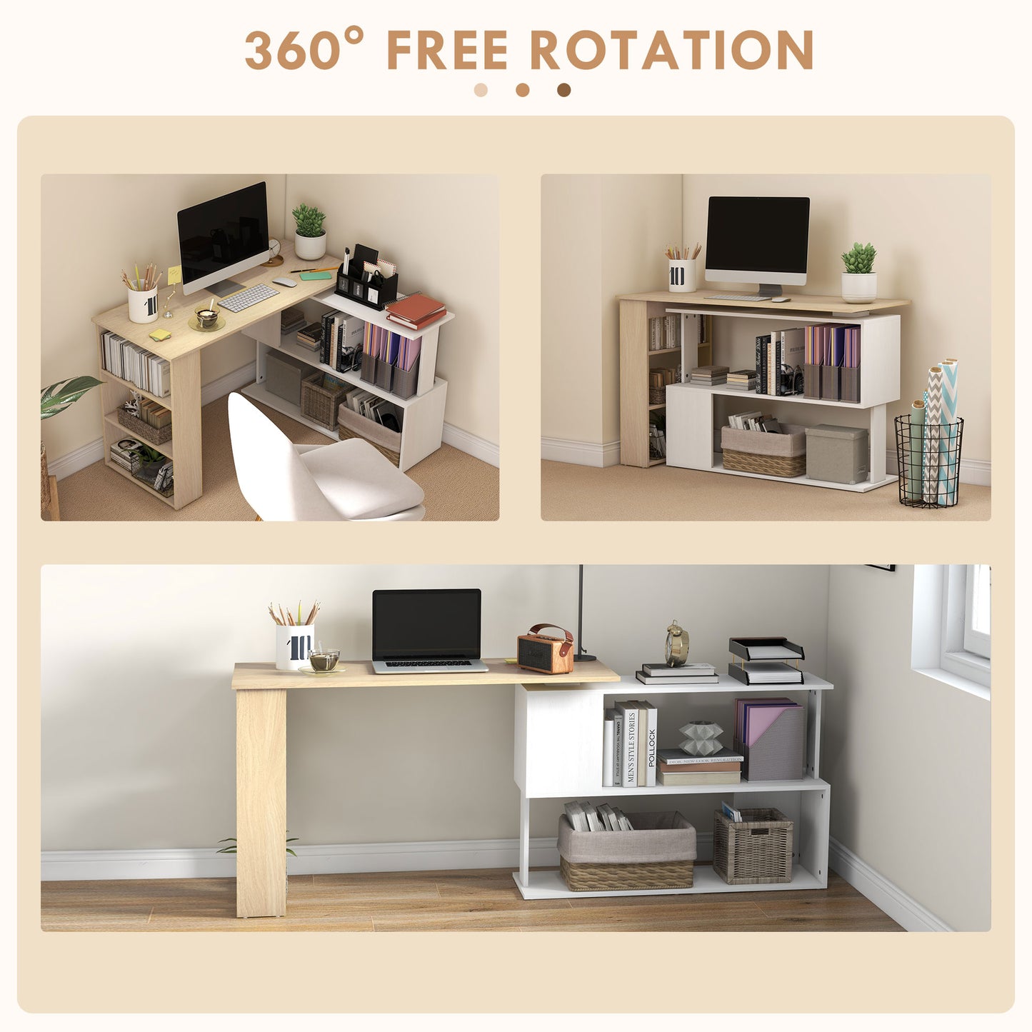 HOMCOM Corner Computer Desk, L Shaped Desk with 360° Rotating Bookshelf, 120L x 110W x 74.5H cm, Natural and White