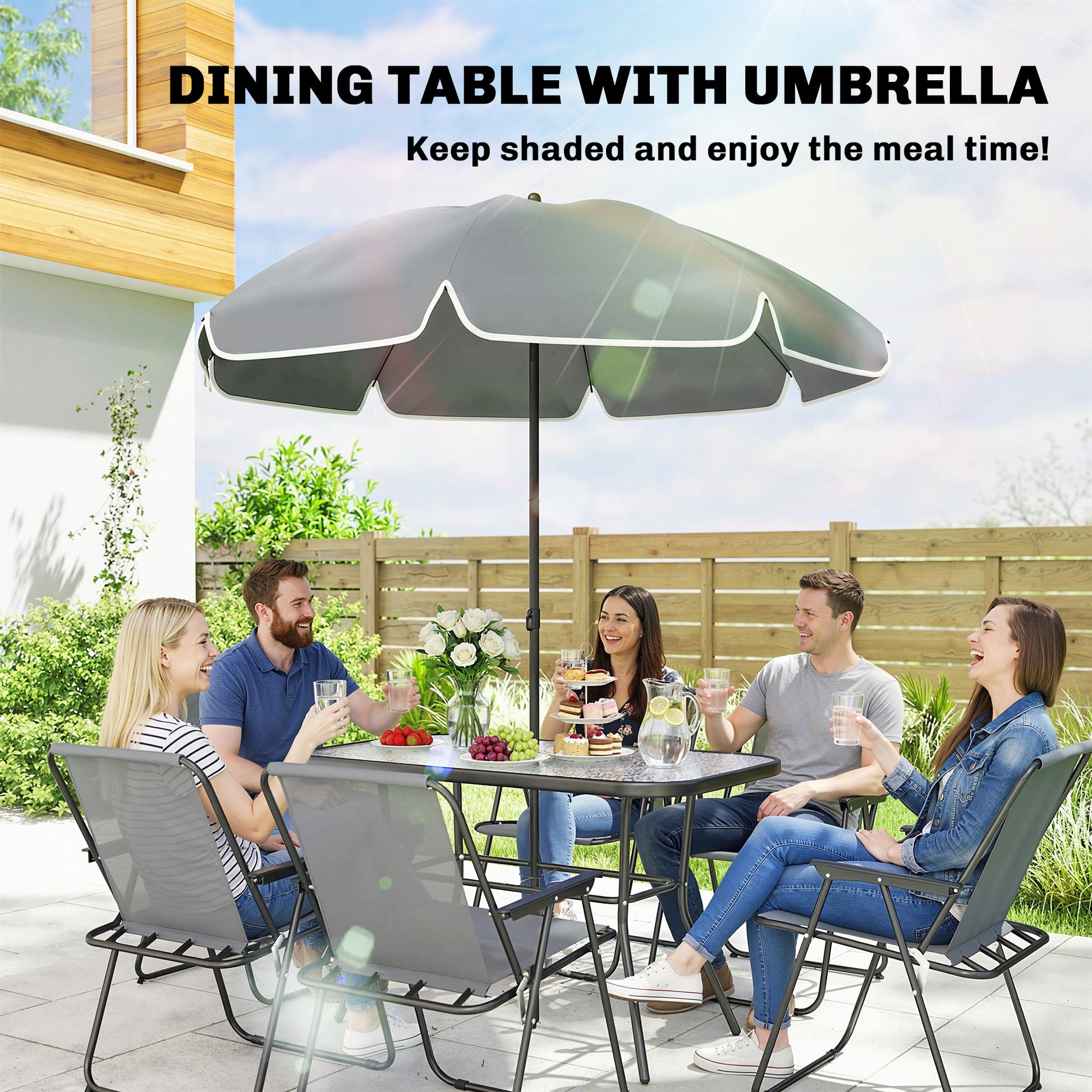Outsunny 8 Piece Garden Dining Set with Umbrella, Garden Furniture Set with 6 Folding Chairs, Tempered Glass Table for Patio Grey--ChewyGames-ChewyGames