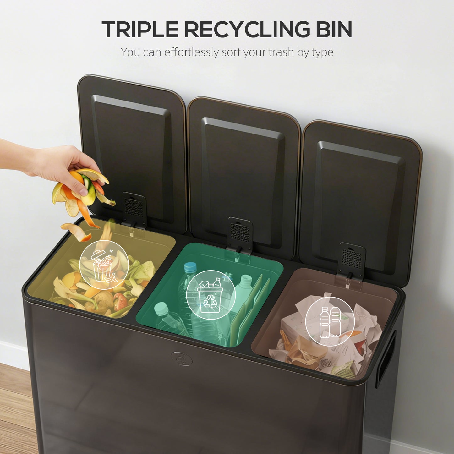 HOMCOM 3 x 15L Pedal Bin, Steel Triple Kitchen Bin with Soft Close Lid, Removable Inner Buckets, Fingerprint-Proof, Black