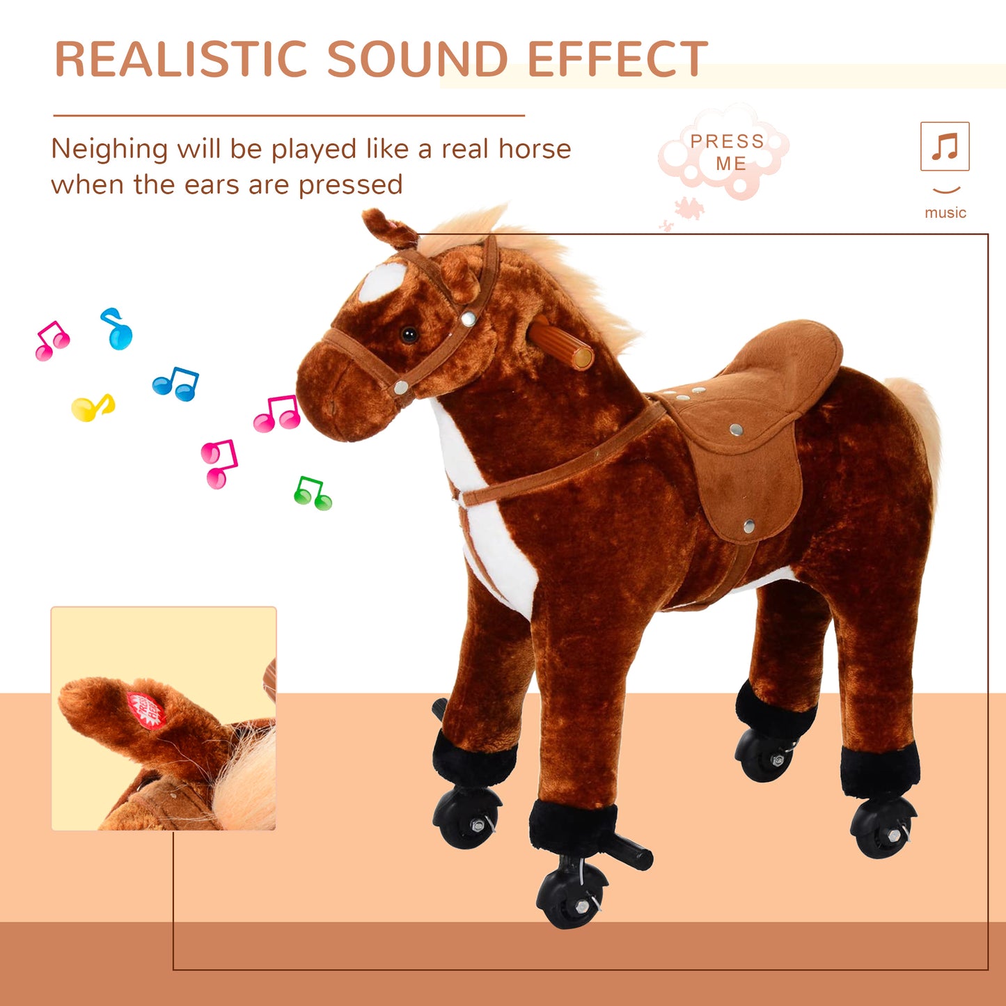 HOMCOM Plush Walking Horse Ride On Toy with Wheels and Realistic Sounds Rocking Horse for Girls Boys 2+ Years Old, 50cm Tall, Brown