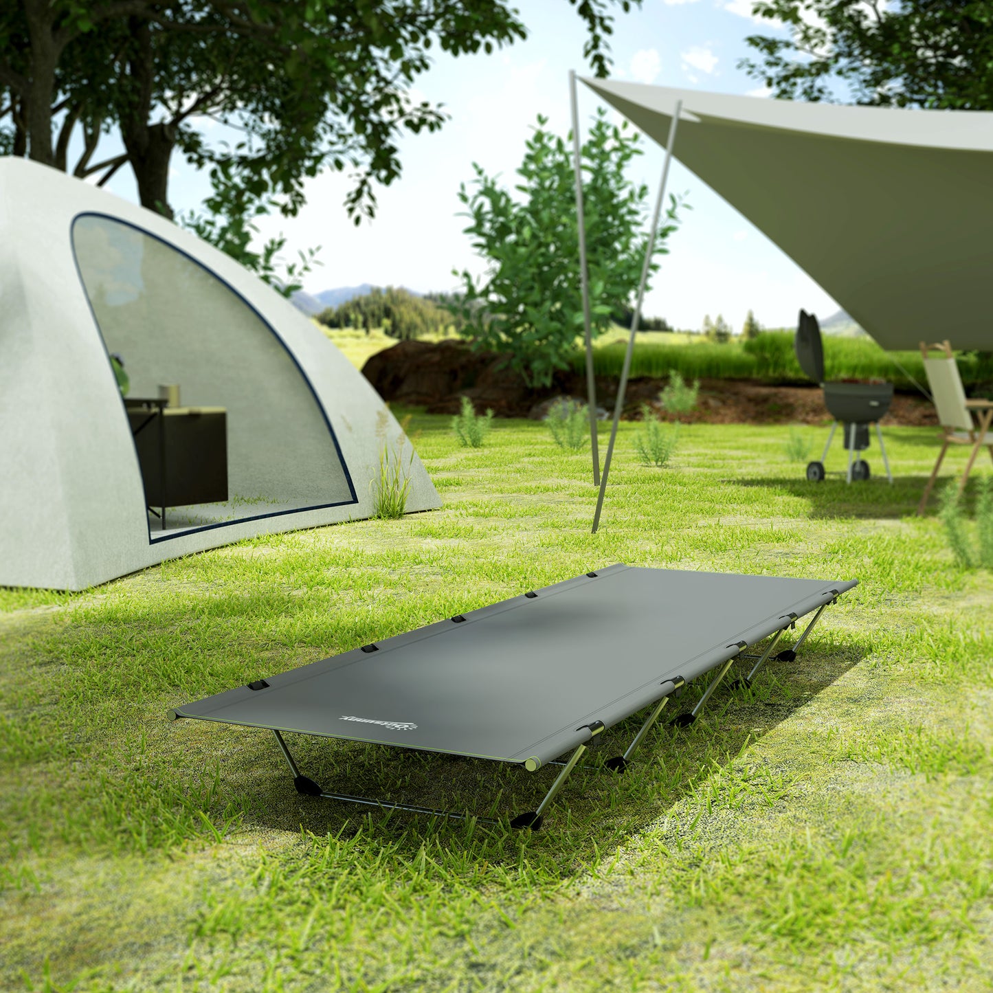 Outsunny Lightweight Camping Bed, Aluminium Portable Camp Cot w/ Strong Support 150kg and Carry Bag for Camping, Dark Grey