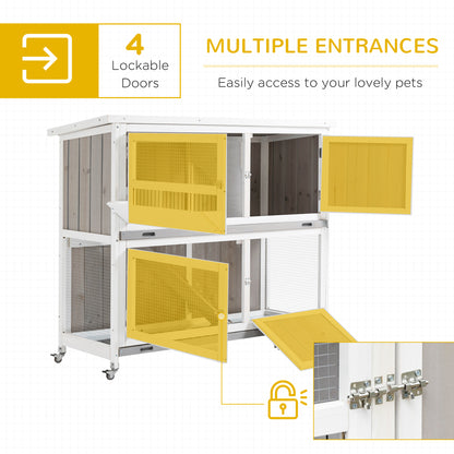 PawHut Wooden Pet Hutch, Two-Tier Cage with Rain Cover, Wheels, White