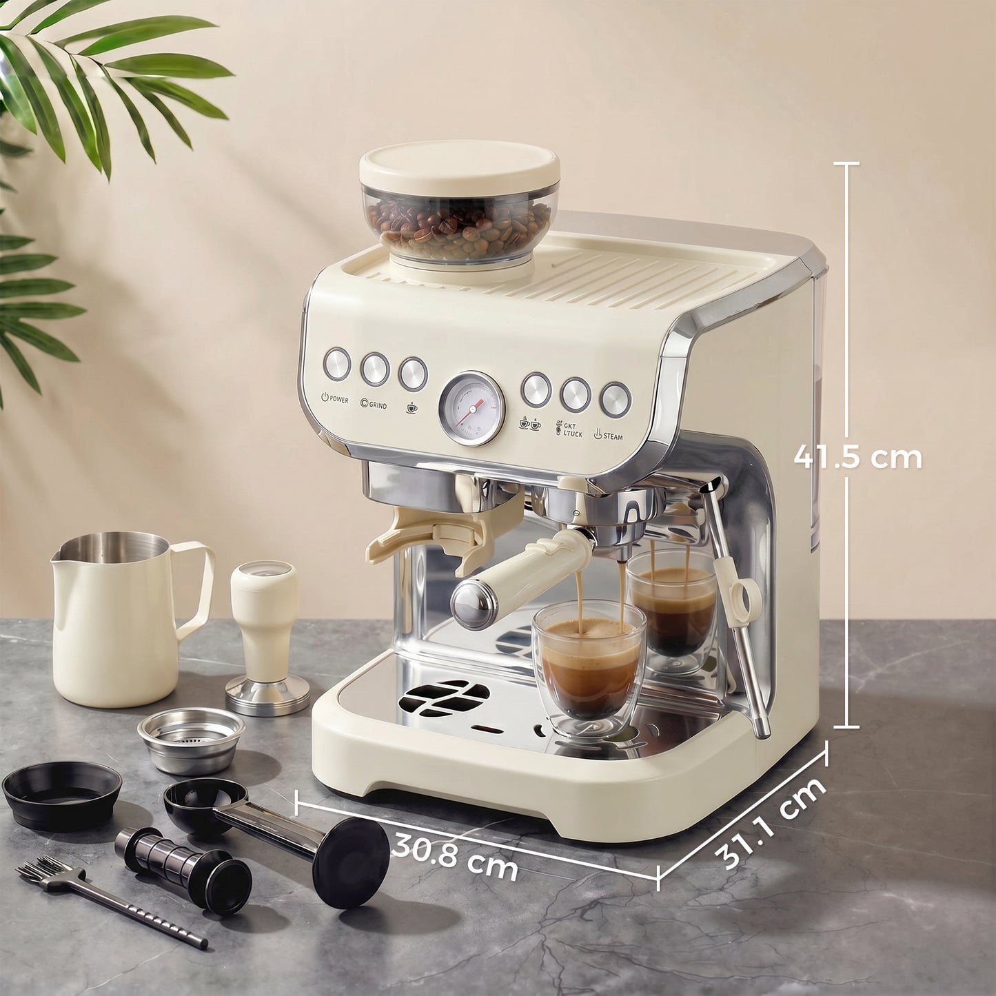 HOMCOM 15 Bar Coffee Machine, with Adjustable Grind, Steamer and Accessories - Cream White