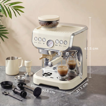 HOMCOM 15 Bar Coffee Machine, with Adjustable Grind, Steamer and Accessories - Cream White