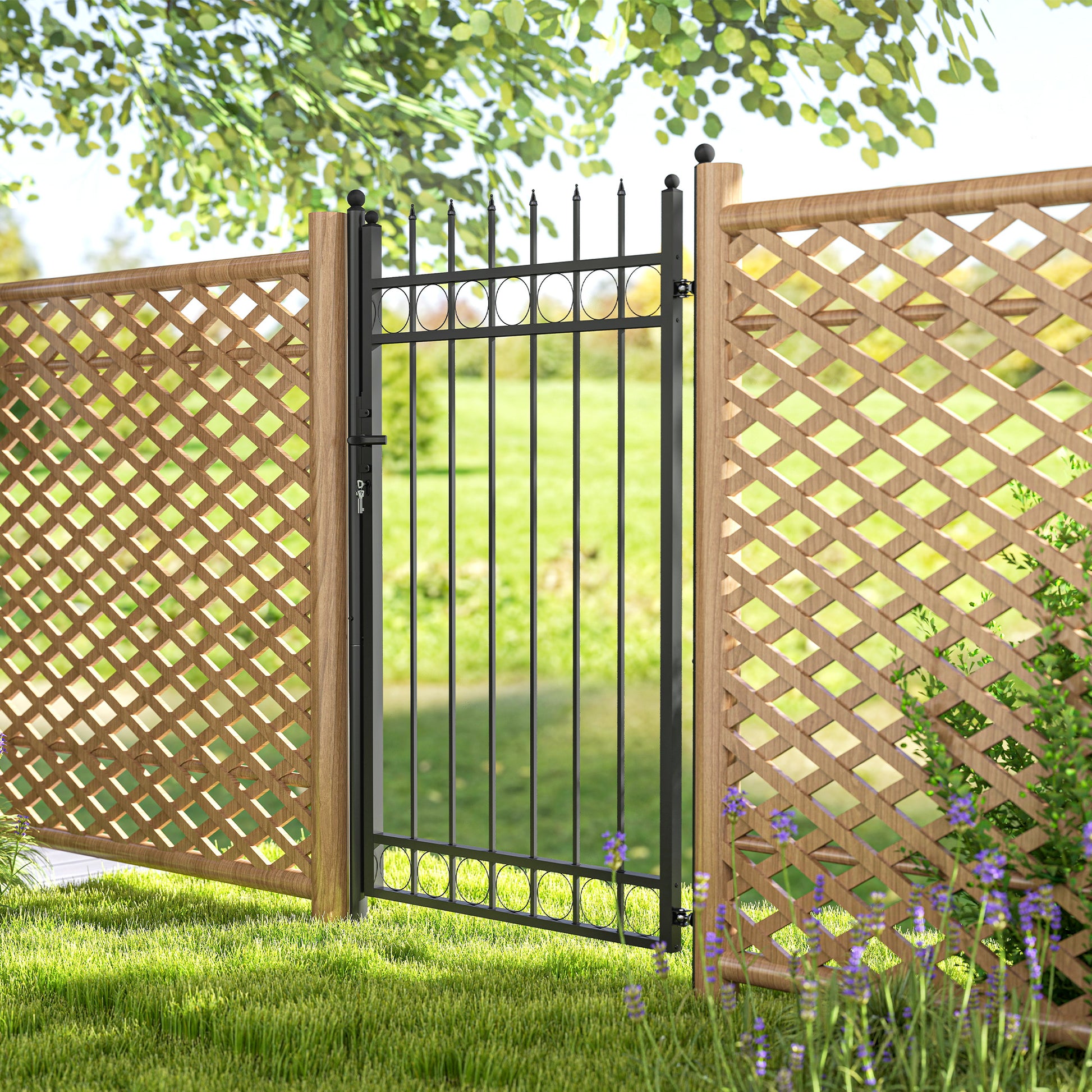 Outsunny Galvanised Steel Garden Gate, Outdoor Fence Gate Security Barrier with Lock, Keys and Handle, Outdoor Entrance Way Door with Classic Finials, 105 x 204 cm, Black--ChewyGames-ChewyGames